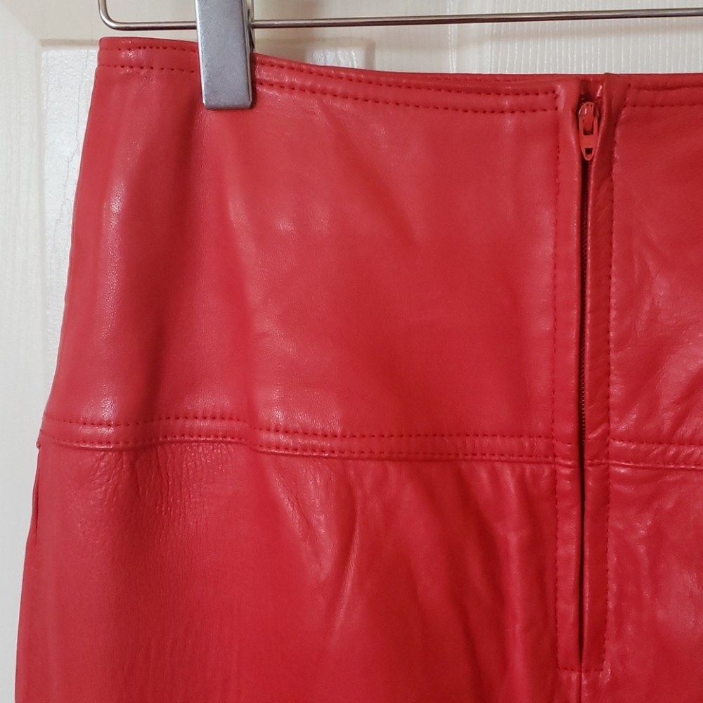 Vintage 80s Lanna Red Leather Pencil Skirt High Waisted Asymmetric Size 10 Small - Picture 9 of 14